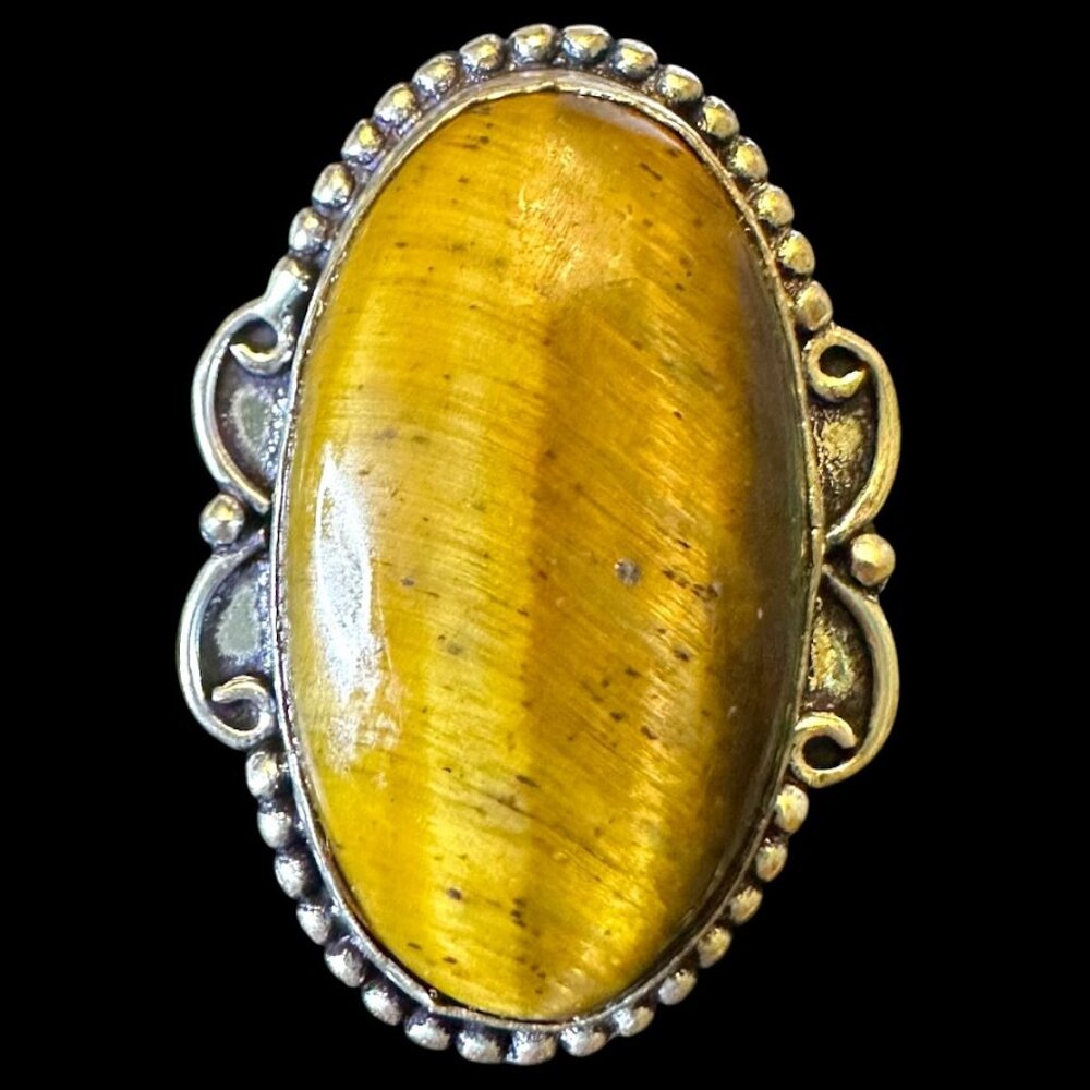 Natural Tigers Eye Oval Stone Sterling Silver Overlay Ring Size 9